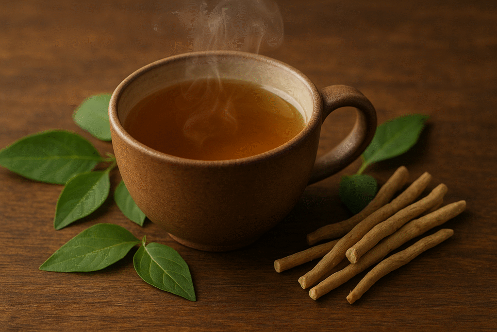 Sobre uma mesa de madeira algumas folhas verdes, algumas raízes de ashwagandha e uma xícara de porcelana cheia de chá fumegante para aproveitar os benefícios da ashwagandha.