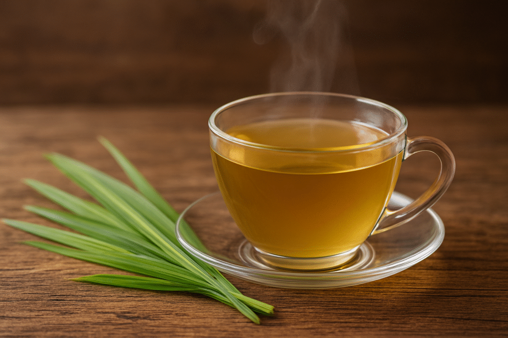 Sobre uma mesa de madeira uma xícara de vidro cheia de chá fumegante a o lado de algumas folhas longas, estreitas e verdes de capim limão.