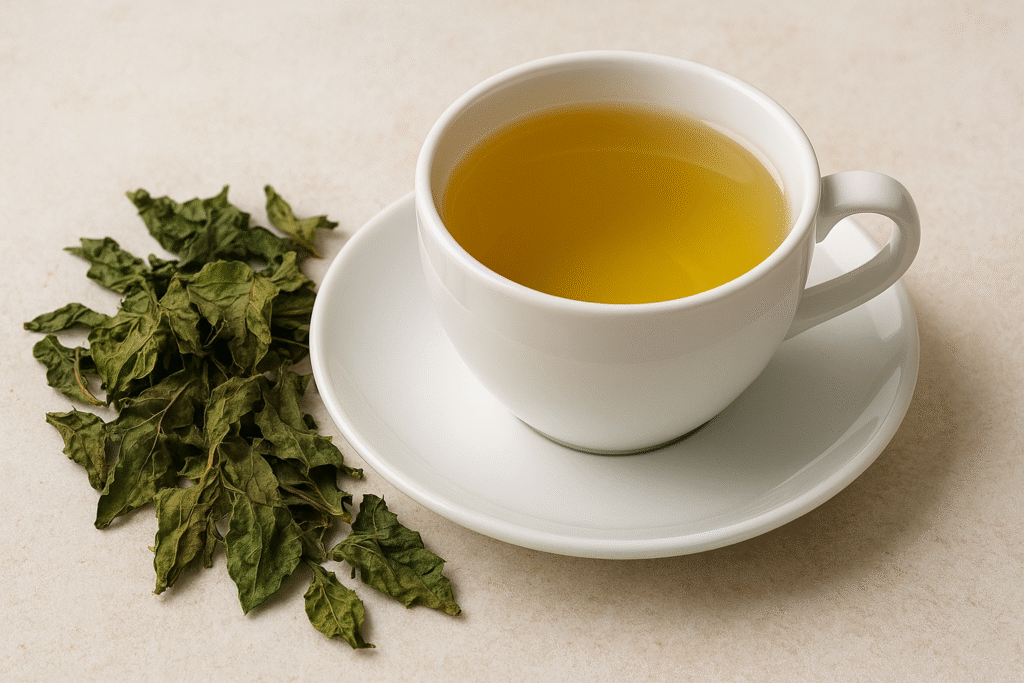 Uma xícara de porcelana cheia de chá ao lado de algumas folhas secas de maracujá.