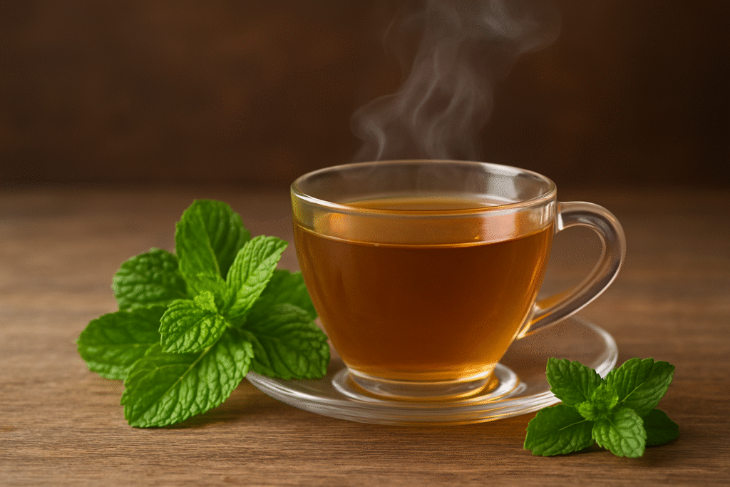 Sobre a mesa de madeira umas folhas verdes de hortelã e uma xícara de vidro cheia de chá fumegante.