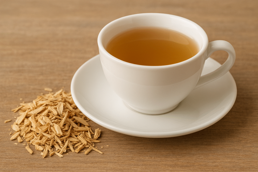 Sobre a mesa alguns pedaços de casca lascada de mulungu e uma xícara de porcelana cheia de chá.