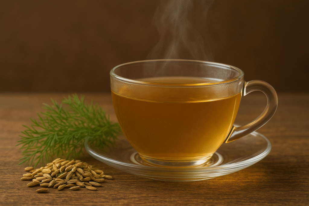 Sobre uma mesa de madeira uma xícara de vidro cheia de chá fumegante ao lado de folhas e sementes de erva doce.