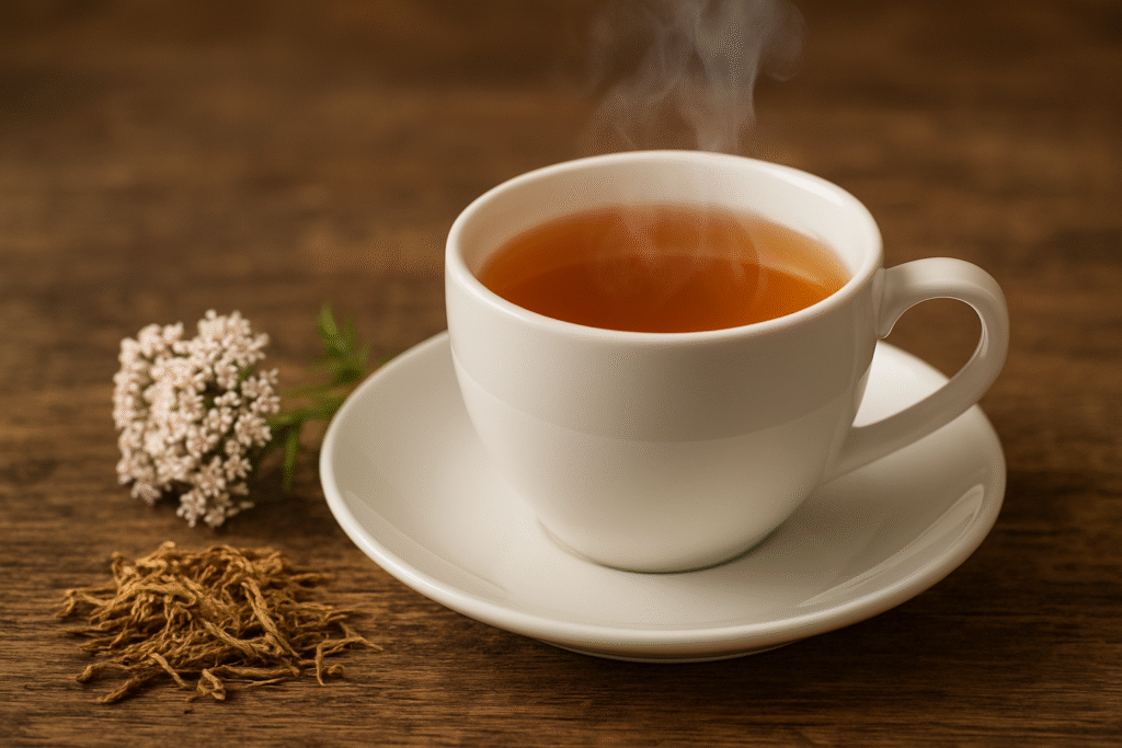 Sobre uma mesa de madeira uma xícara ede porcelana cheia de chá fumegante e ao lado algumas raízes e uma flor branca de valeriana.