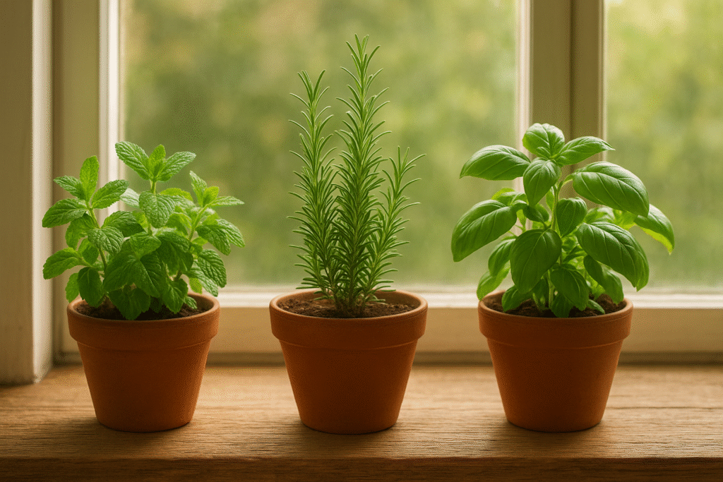 Ao pé de uma janela tres vasos com diversas plantas medicinais plantadas, aproveitando assim as ervas medicinais para uma vida mais saudável.