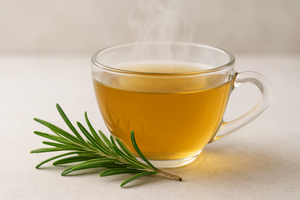 Uma xícara de vidro cheia de chá fumegante ap lado de um galho verde de alecrim.