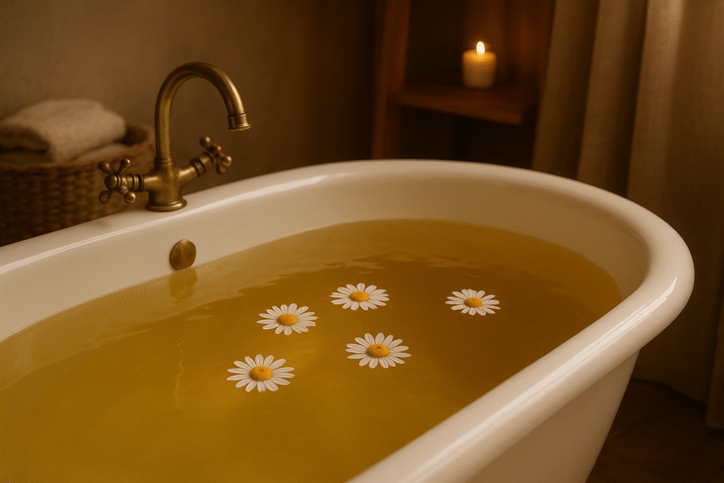 Em um ambiente bem tranquilo uma banheira cheia de água com flores de camomila para um banho relaxante.
