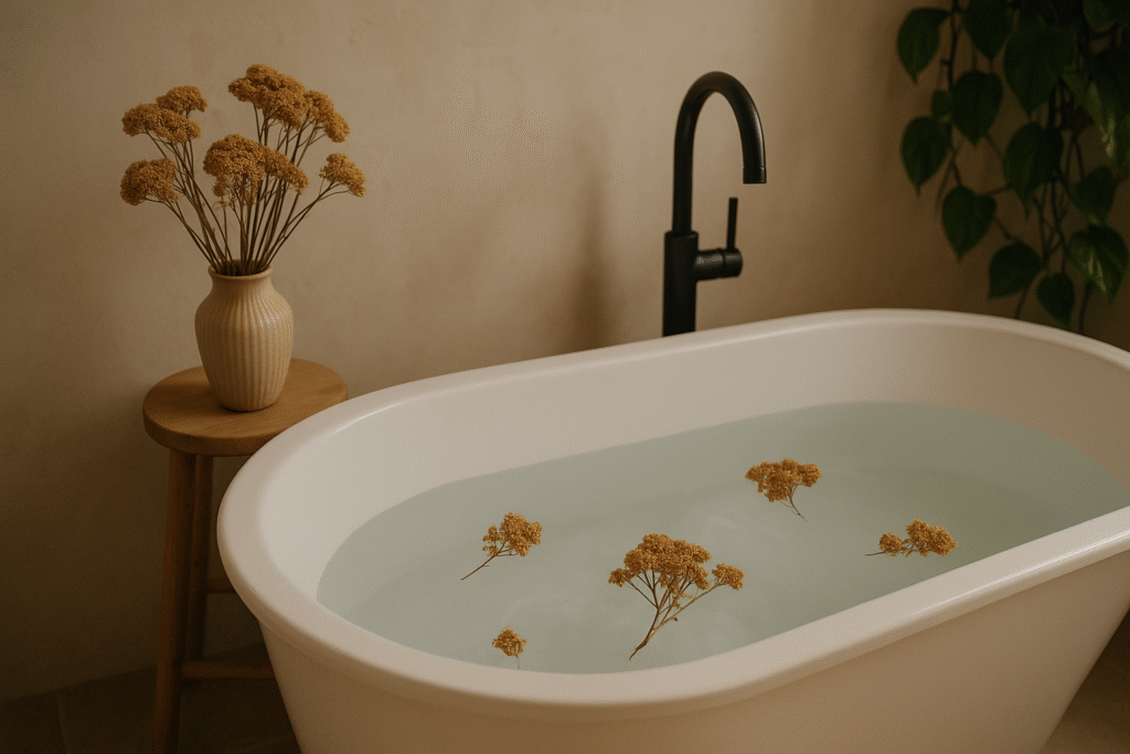 Em um ambiente bem acolhedor uma banheira cheia de água com algumas flores de marcela para um banho relaxante, do lado em uma banqueta um vaso com flores de marcela.