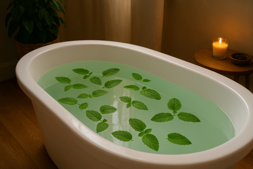 Em um ambiente bem relaxante uma banheira cheia de água com folhas de melissa brasileira (Lippia Alba) para um banho relaxante.