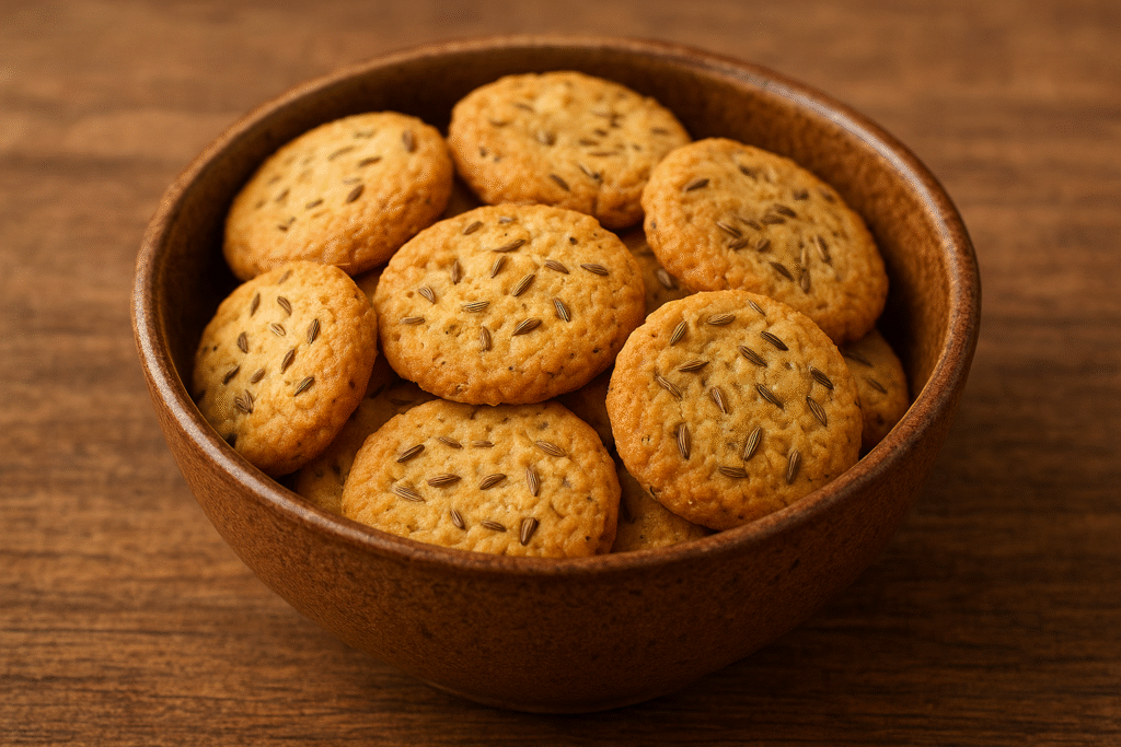 Sobre uma mesa de madeira uma tigela cheia de biscoitos decorados com sementes de erva doce.