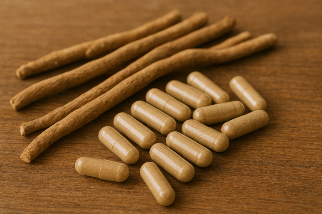 Sobre uma mesa de madeira algumas raízes de ashwagandha e algumas cápsulas aproveitando assim os benefícios da ashwagandha