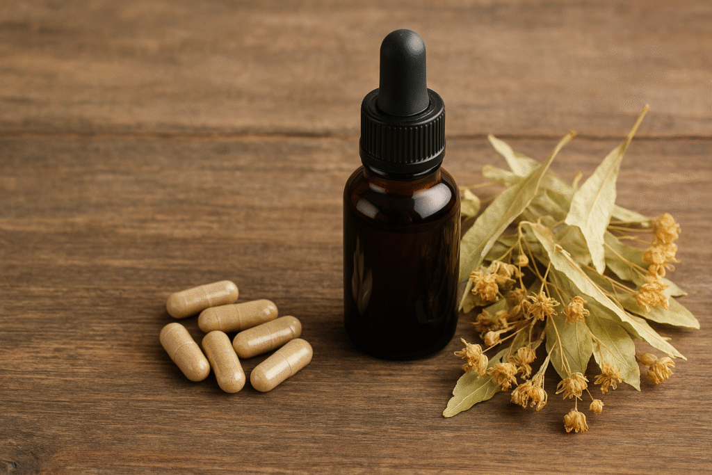 Sobre uma mesa de madeira algumas cápsulas, um frasco de óleo essencial e algumas folhas e flores secas de tília.