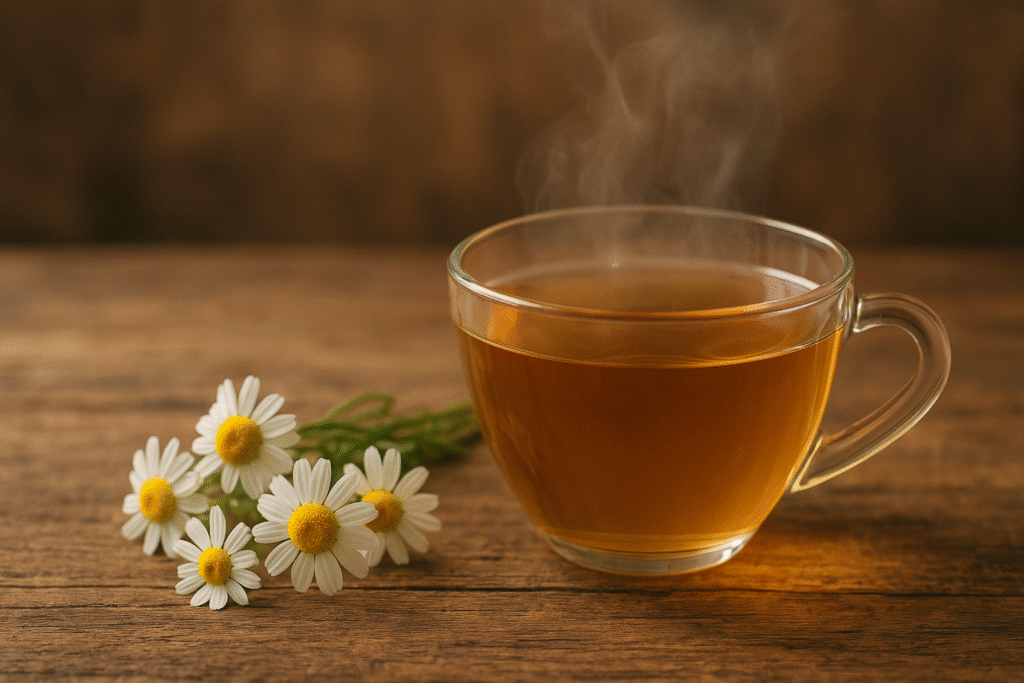 Sobre uma mesa rústica de madeira algumas flores de camomila com seu miolo amarelo e pequenas pétalas brancas ao lado de uma xícara de vidro cheia de chá.