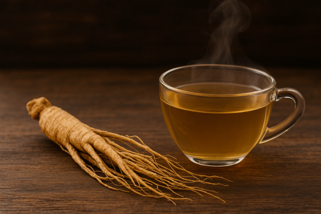 Sobre uma mesa rústica de madeira uma raiz de ginseng siberiano do lado de uma xícara de vidro cheia de chá.