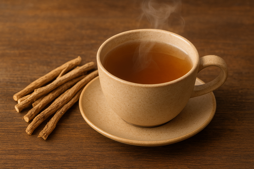 Sobre a mesa de madeira uma xícara de porcelana com chá fumegante e do lado raízas de kava kava.