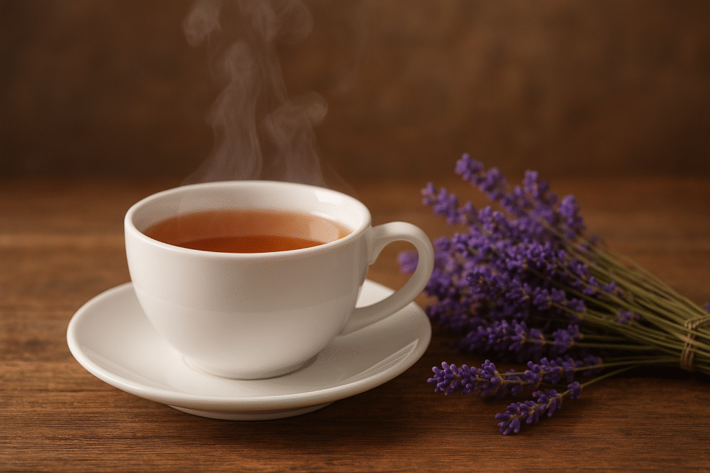 Sobre uma mesa de madeira uma xícara de porcelana cheia de chá e um maço de flores secas de lavanda.