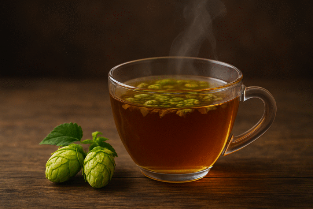 Sobre uma mesa de madeira algumas flores de lúpulo e uma xícara de vidro cheia de chá para aproveitando assim o lúpulo para uso medicinal.