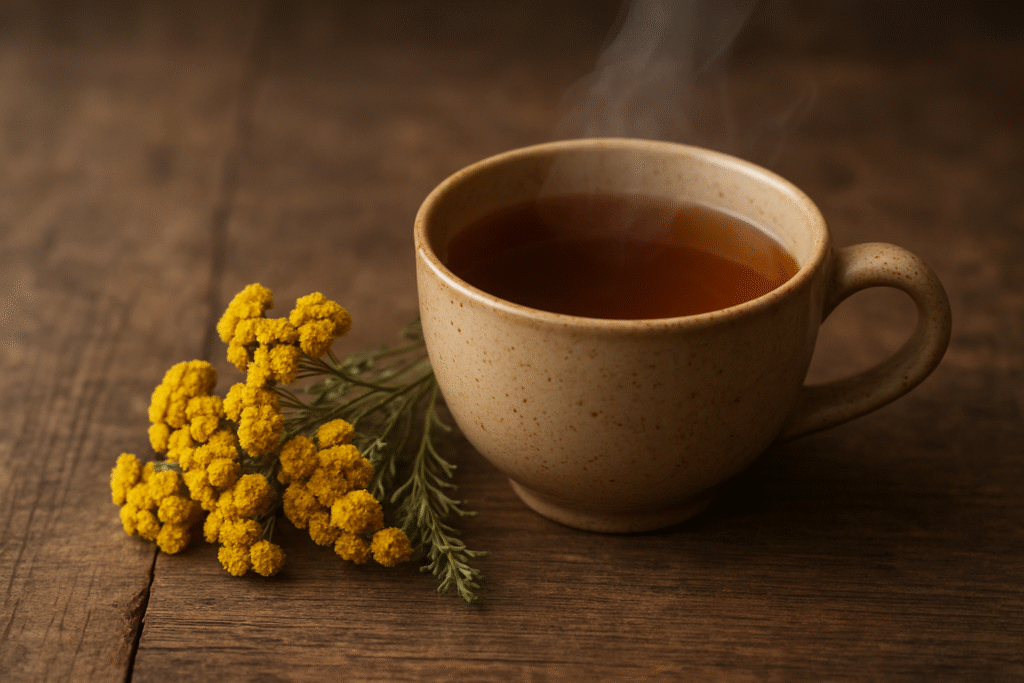 Sobre uma mesa de madeira um galho com flores de marcela e uma xícara de porcelana cheia de chá.