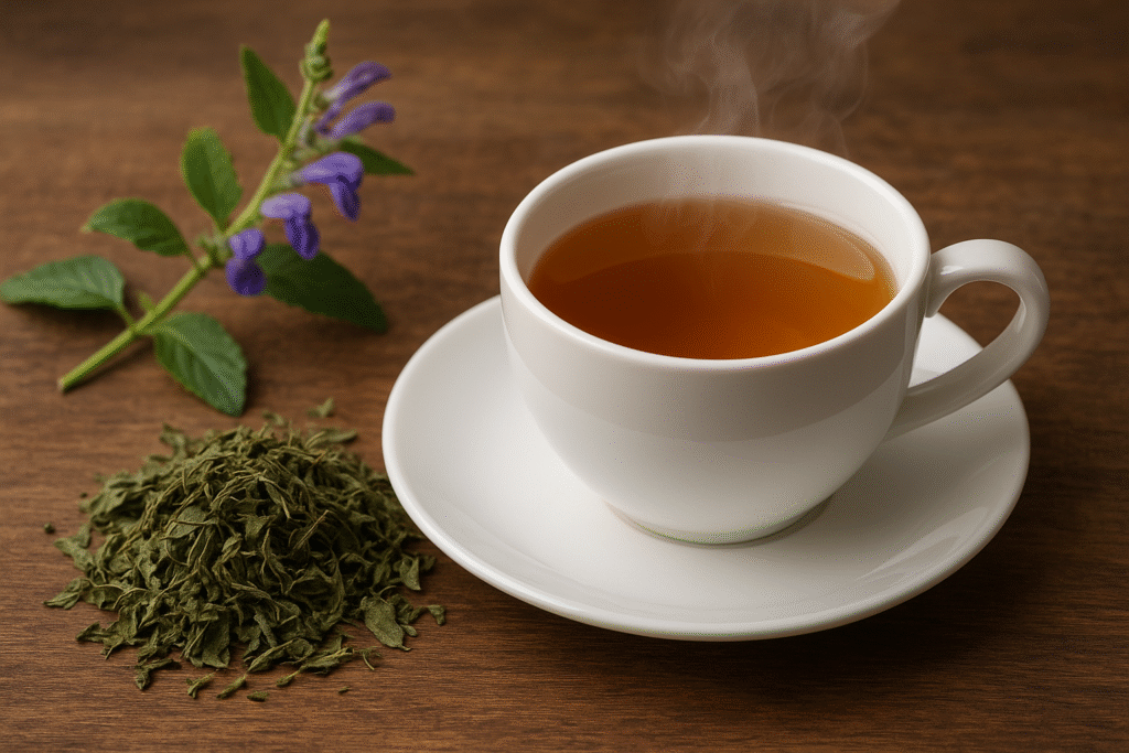 Sobre uma mesa de madeira um galho verde com flores azuis e um montinho de folhas secas de scutellaria e uma xícara de porcelana com chá fumegante dentro.