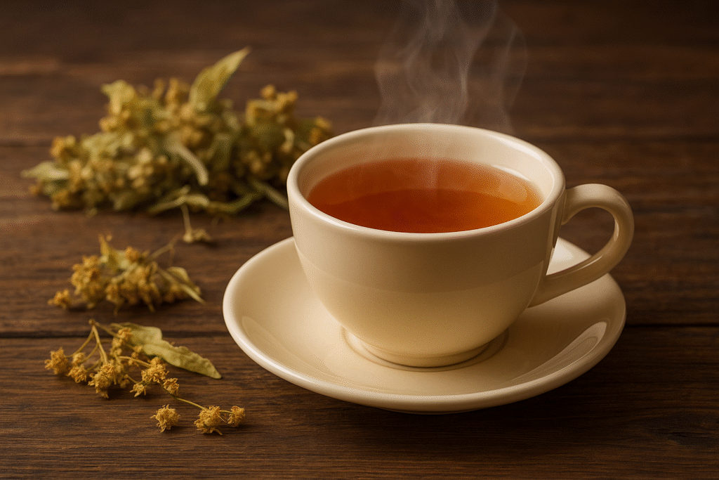 Sobre uma mesa de madeira algumas folhas e flores secas de tília e uma xícara de porcelana com chá fumegante.