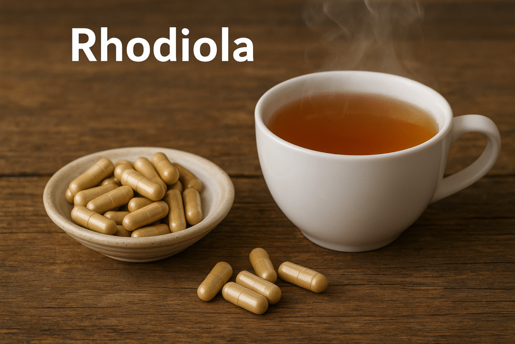 Sobre uma mesa de madeira um pote de porcelana com cápsulas dentro e algumas cápsulas espalhadas do lado de uma xícara de porcelana cheia de chá.