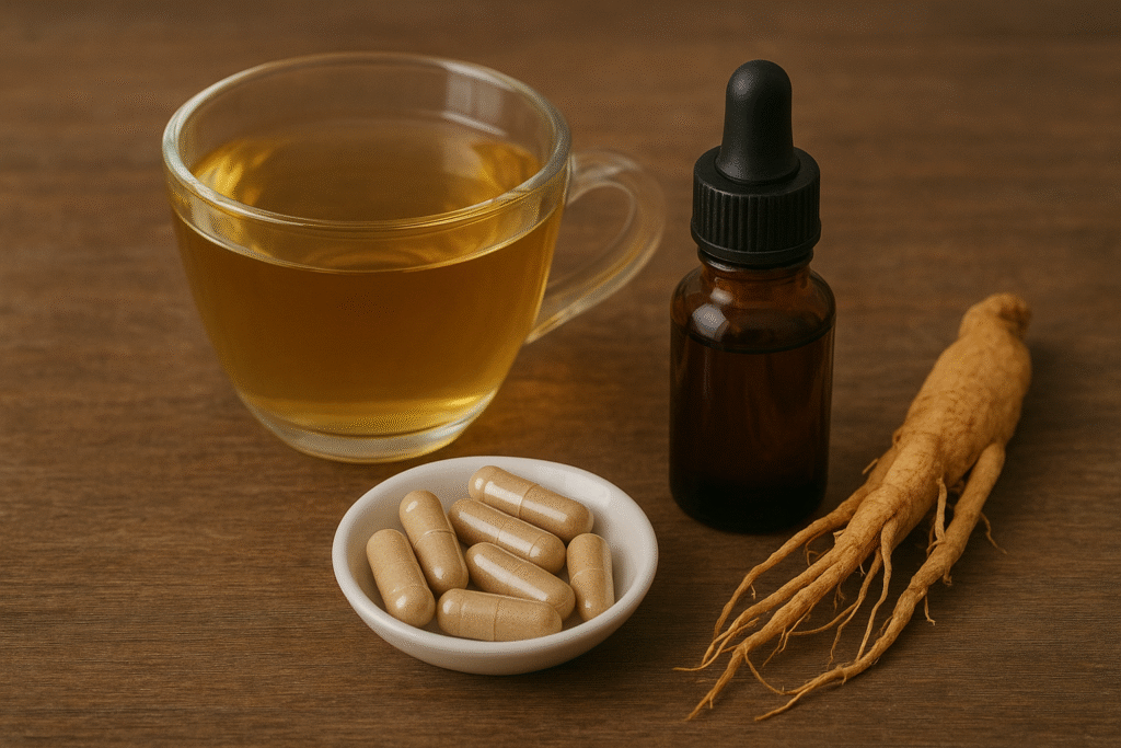 Sobre uma mesa uma xícara de vidro com chá, um frasco com óleo essencial, um pote pequeno com cápsulas e uma raiz de Ginseng siberiano.