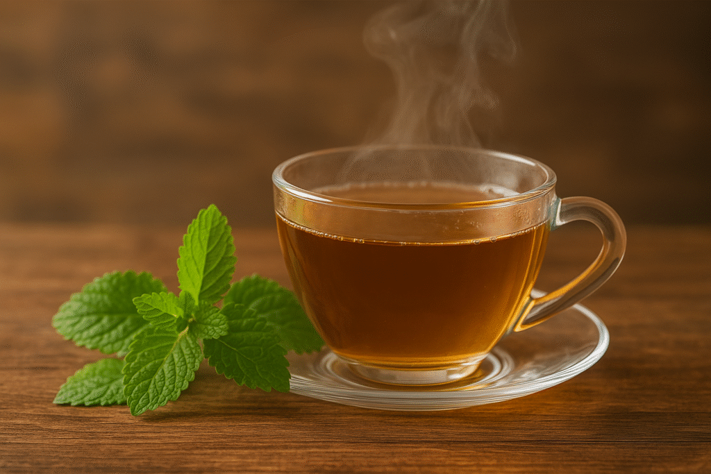 Sobre a mesa de madeira um galho de melissa brasileira (Lippia Alba) e uma xícara de porcelana com chá dentro.
