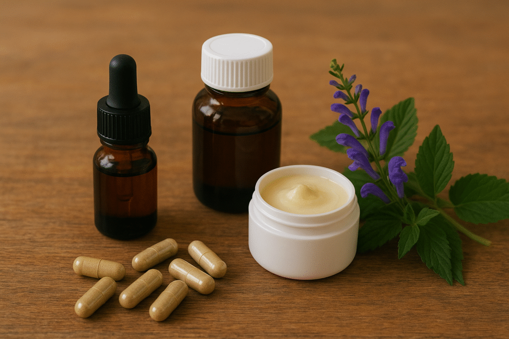 Sobre uma mesa de madeira um frasco de vidro com óleo essencial, um frasco de vidro com extrato, algumas cápsulas, um pote de plástico com pomada e um galho verde com flores azuis de scutellaria.