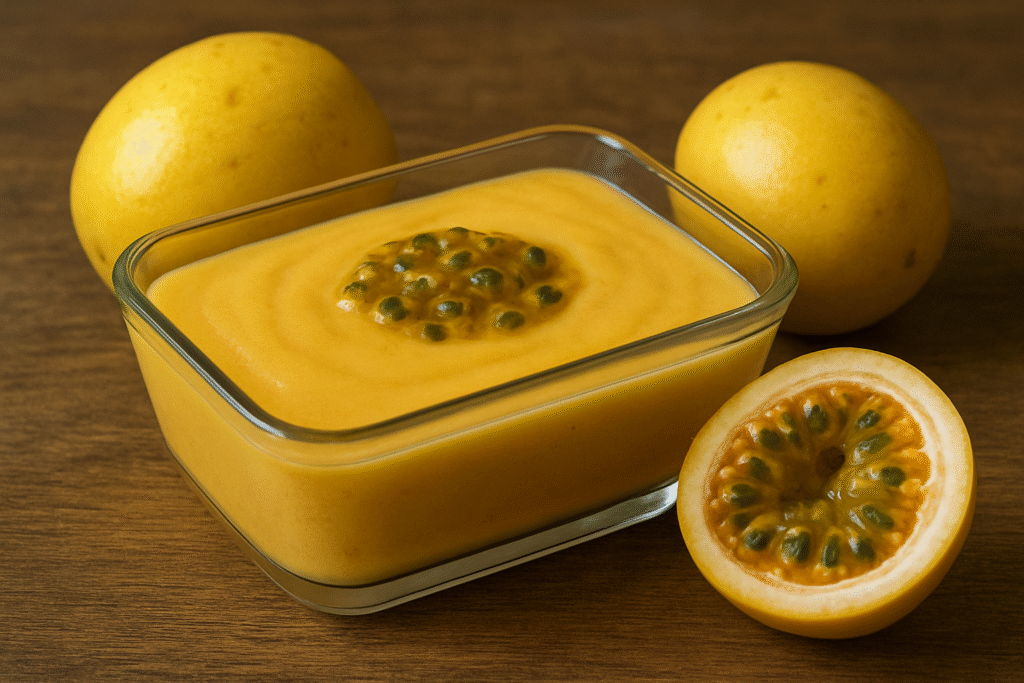 Em uma mesa de madeira uma tigela quadrada de vidro cheia de mousse com algumas sementes de maracujá por cima para enfeitar, ao  lado de algumas frutas de maracujá.