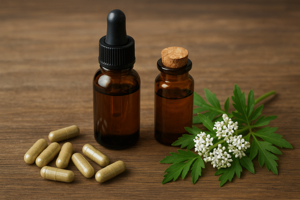 Sobre uma mesa de madeira algumas cápsulas, um frasco com óleo essencial, um frasco com extrato e algumas folhas verdes com flores brancas de valerina.