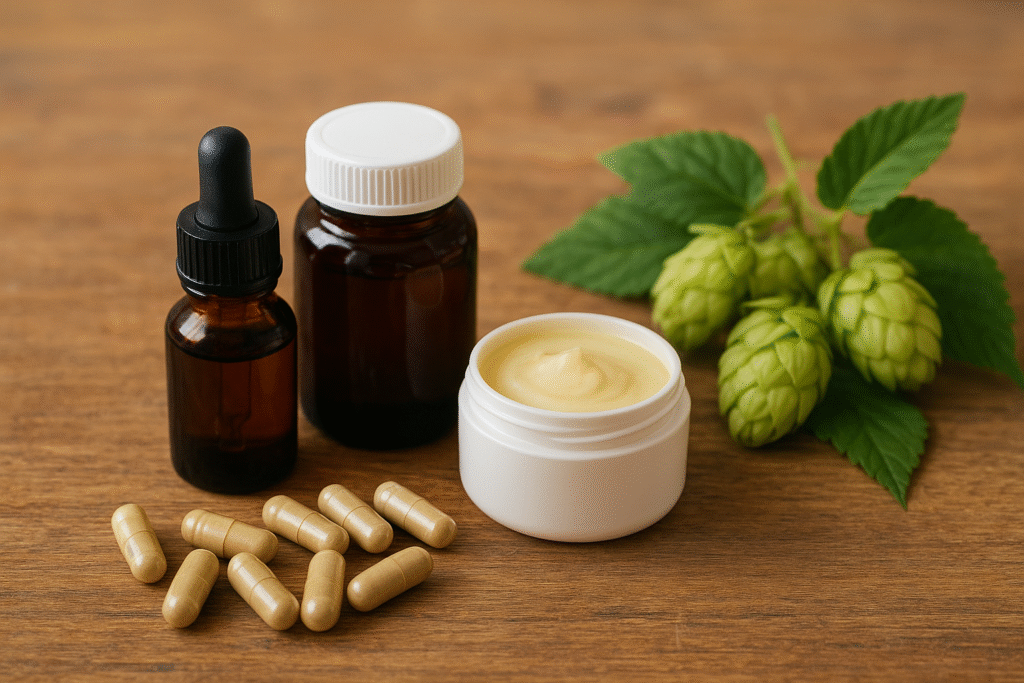 Sobre uma mesa várias formas de aproveitar o lúpulo para uso medicinal, um frasco com óleo essencial, um frasco de extrato, cápsulas, um pote de pomada e umas flores verdes de lúpulo.