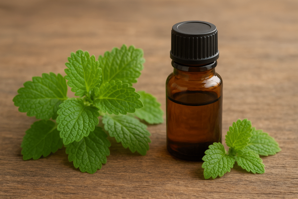 Sobre uma mesa de madeira um frasco de vidro com óleo essencial ao lado de algumas folhas verdes de erva cidreira.