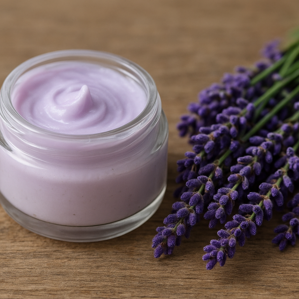 Sobre a mesa de madeira um pote de vidro com pomada ao lado de um maço de flores de lavanda.