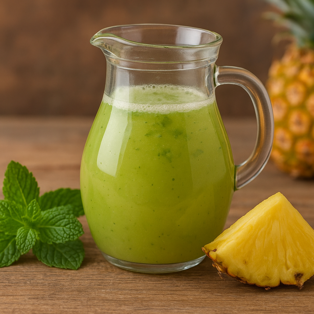 Sobre a mesa um jarro de vidro cheio de suco de hortelã, do lado algumas folhas de hortelã verde e pedaços de abacaxi.