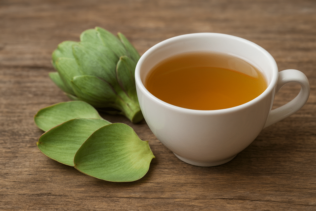 Sobre a mesa algumas folhas e parte do coração de alcachofra e uma xícara branca com seu chá.