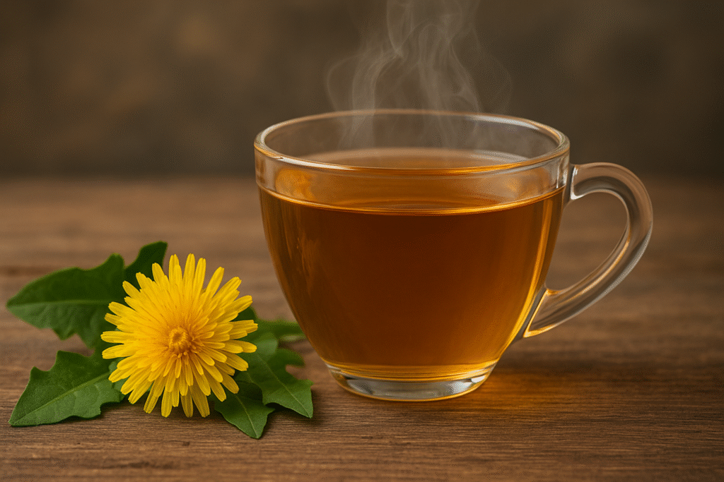 Uma xícara de vidro com chá fumegante e umas folhas verdes e uma flor amarela de dente de leão.