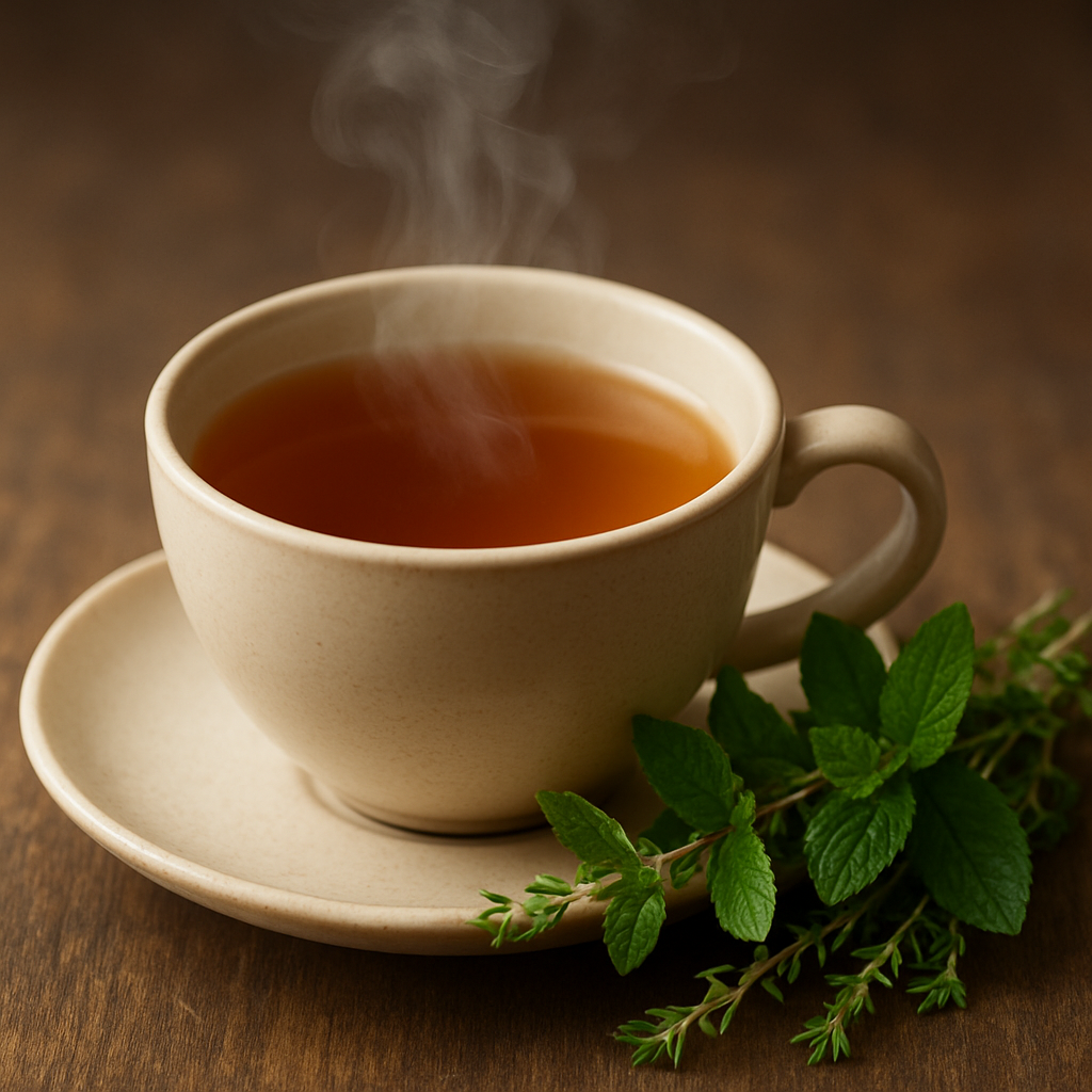 Xícara de porcelana com chá dentro e em cima de um pires com folhas de hortelã e alecrim do lado, sendo uma opção de remédios naturais com ervas.