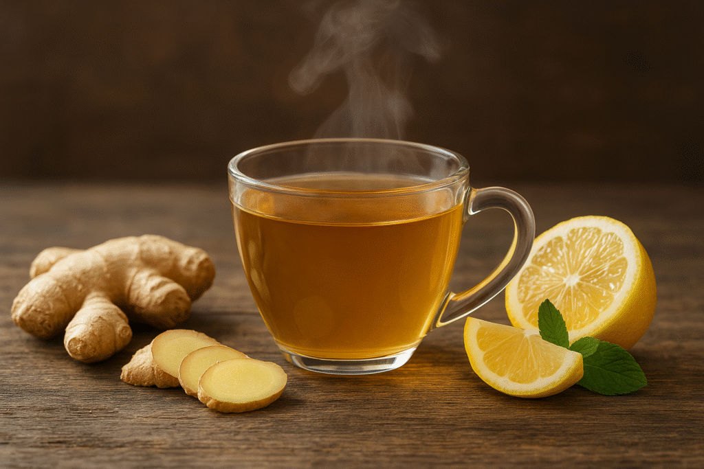 Sobre a mesa rústica uma raiz de gengibre e uns pedaços da raiz do lado de uma xícara de vidro com chá dentro e do lado alguns pedaços de limão.