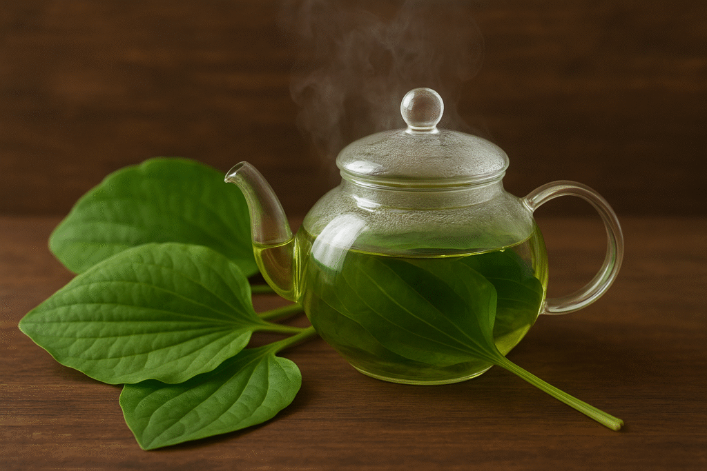 Sobre uma mesa um jarro de vidro com chá dentro e algumas folhas de tanchagem do lado.