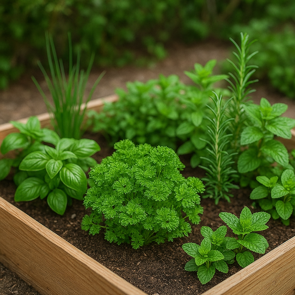 Numa horta remédios naturais com ervas, em uma pequena caixa de horte com terra dentro e plantado mela várias variedades de chás e temperos, como hortelã, salsinha, cebolinha, alecrim.