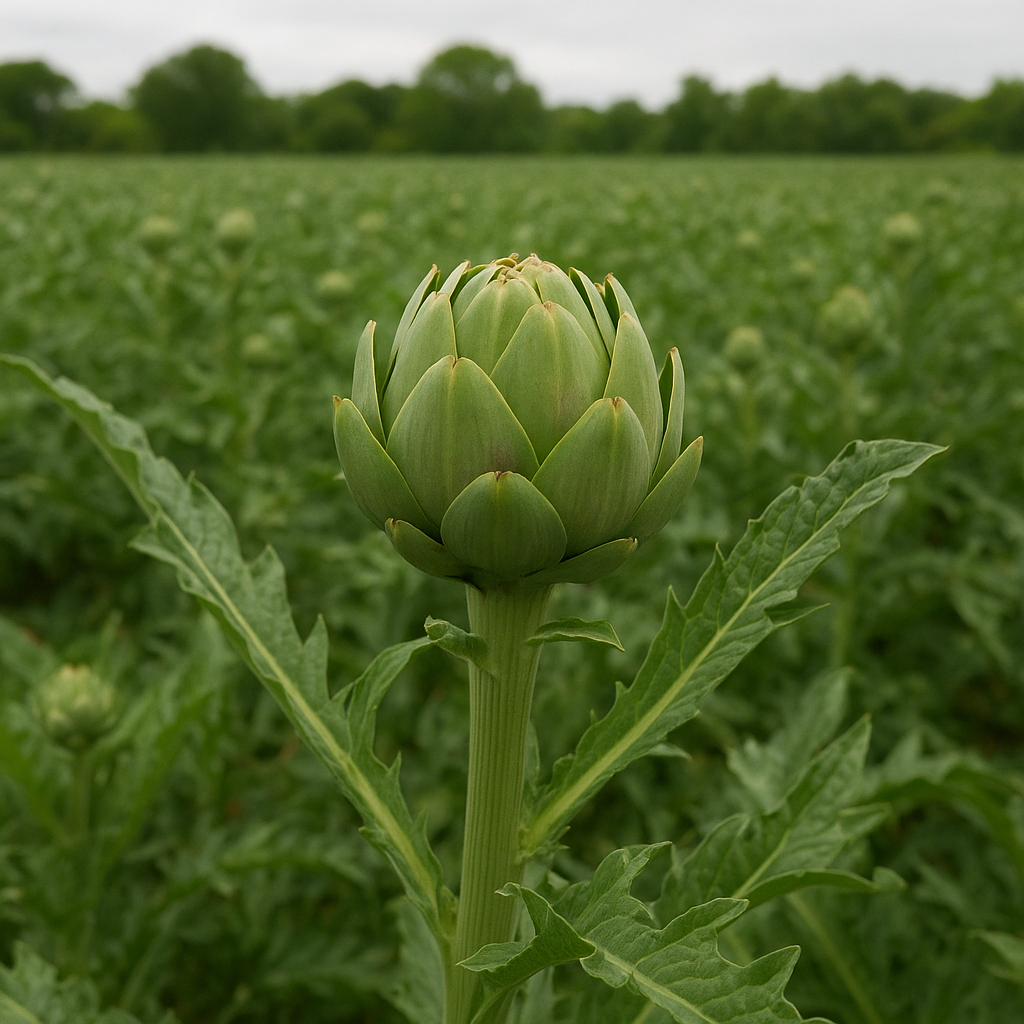 Em uma vasta plantação de alcochofra verde, se destaca uma planta a frente com um grange coração antes de abrir a flor da alcachofra.