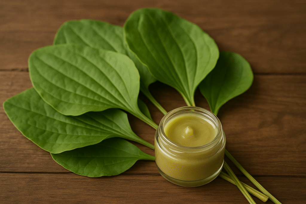 Sobre a mesa rústica algumas folhas verdes de tanchagem e um pequeno frasco de vidro cheio de pomada de tanchagem.