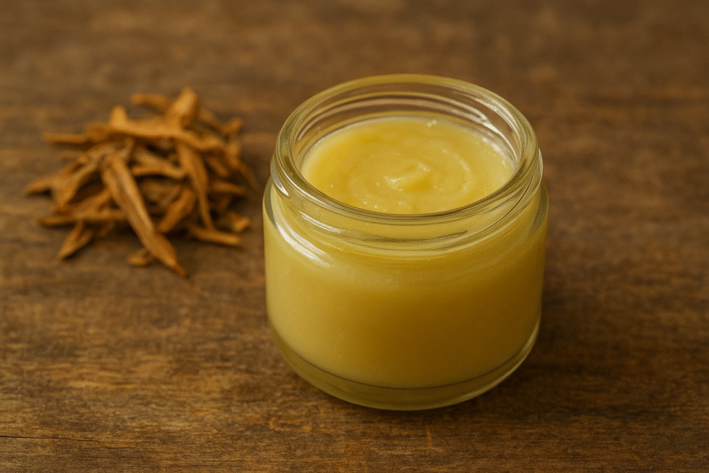 Sobre a mesa casca e um pote de vidro com pomada feita de unha de gato.