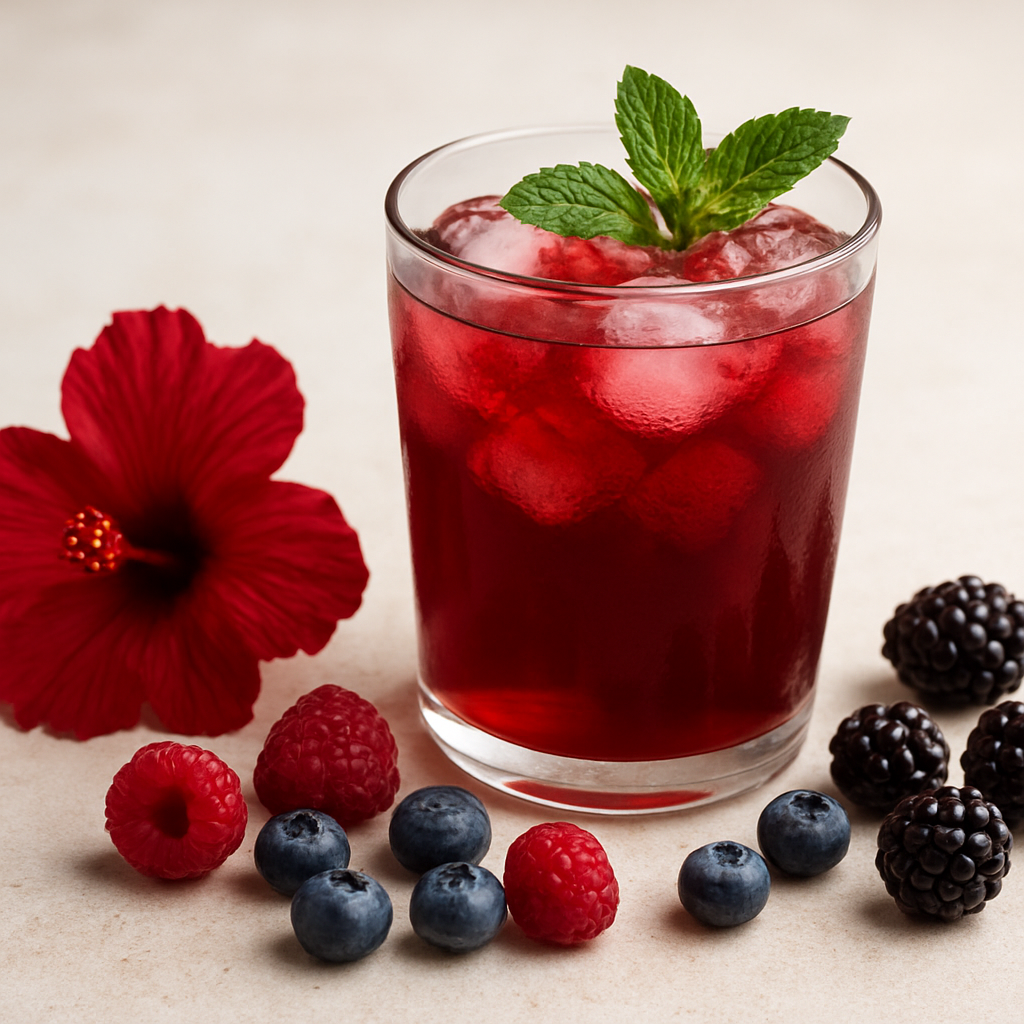 Uma flor vermelha de hibisco do lado de varias frutas vermelhas como amora, franboesa, mirtilo e um copo de vidro com suco vermelho com gelo e um ramo de hortelã em cima para enfeitar.