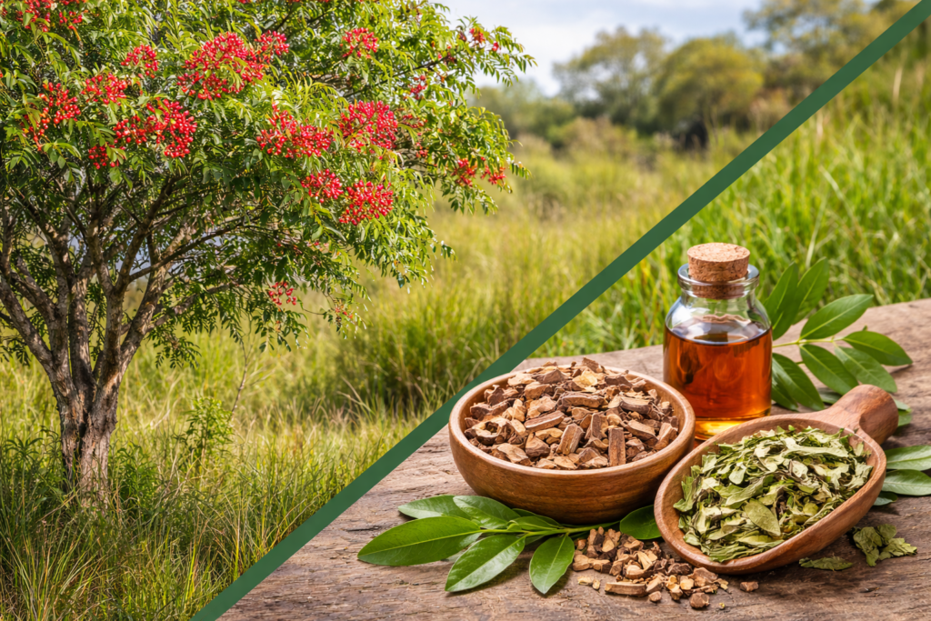 Imagem dividida na diagonal onde na parte superior esquerda está uma árvore de aroeira com suas folhas pequenas e verdes e vários frutos pequenos e vermelhos. Na parte inferior direita está a aroeira e seus benefícios, um pote com folhas secas outro pote de madeira com cascas e algumas folhas frescas espalhadas e um frasco de vidro com tintura de aroeira.