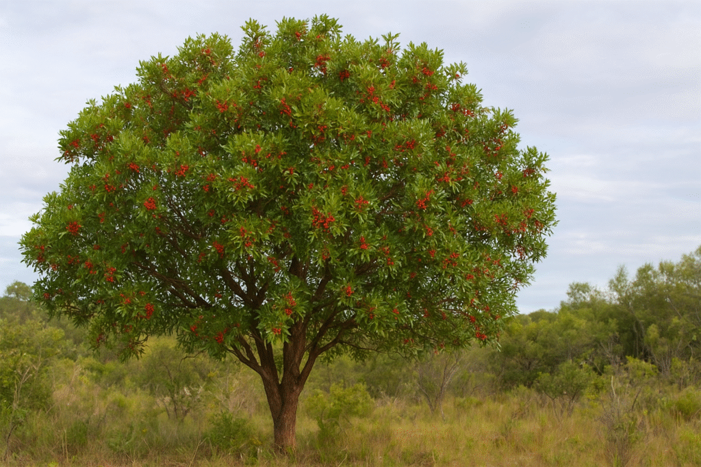 Em seu habitat natural uma árvore de aroeira com suas folhas verdes e pequenos frutos vermelhos.