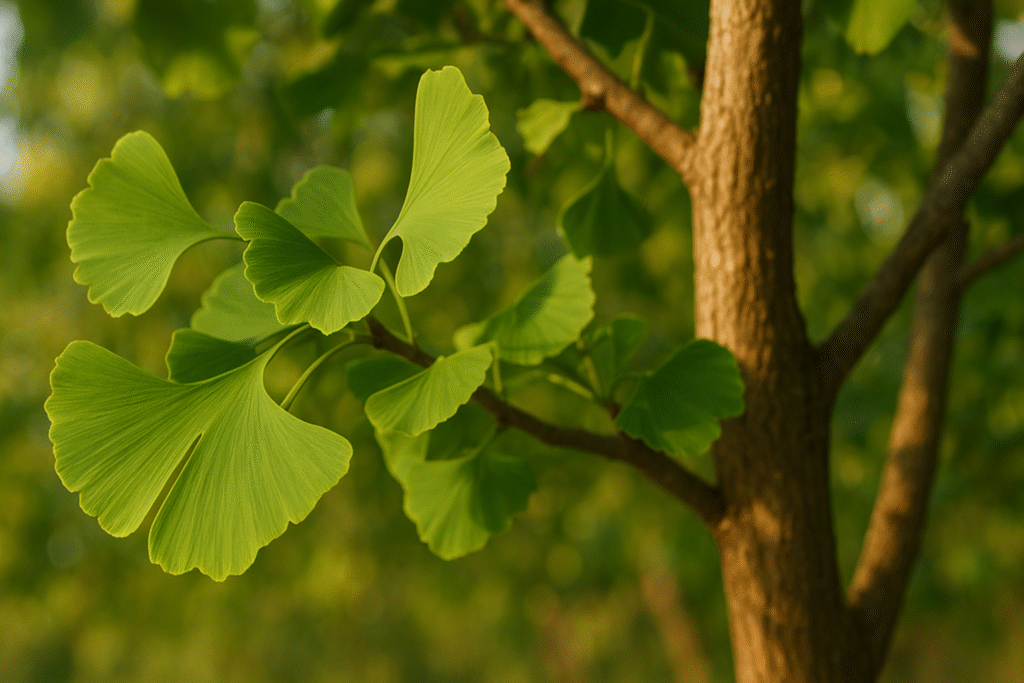 Árvore de ginkgo biloba com destaque para suas folhas verde dourada em formato de pequenos leques.