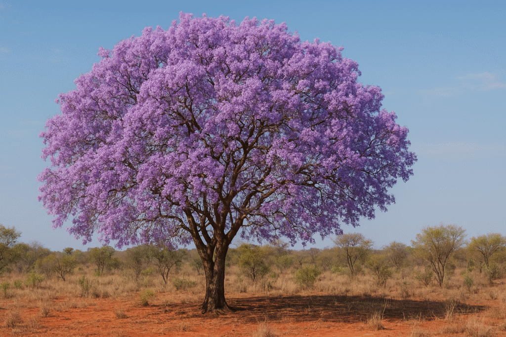 Em uma paisagem típica do serrado uma árvore de sucupira se destaca com seu tamanho e por suas belas flores na cor lilás.