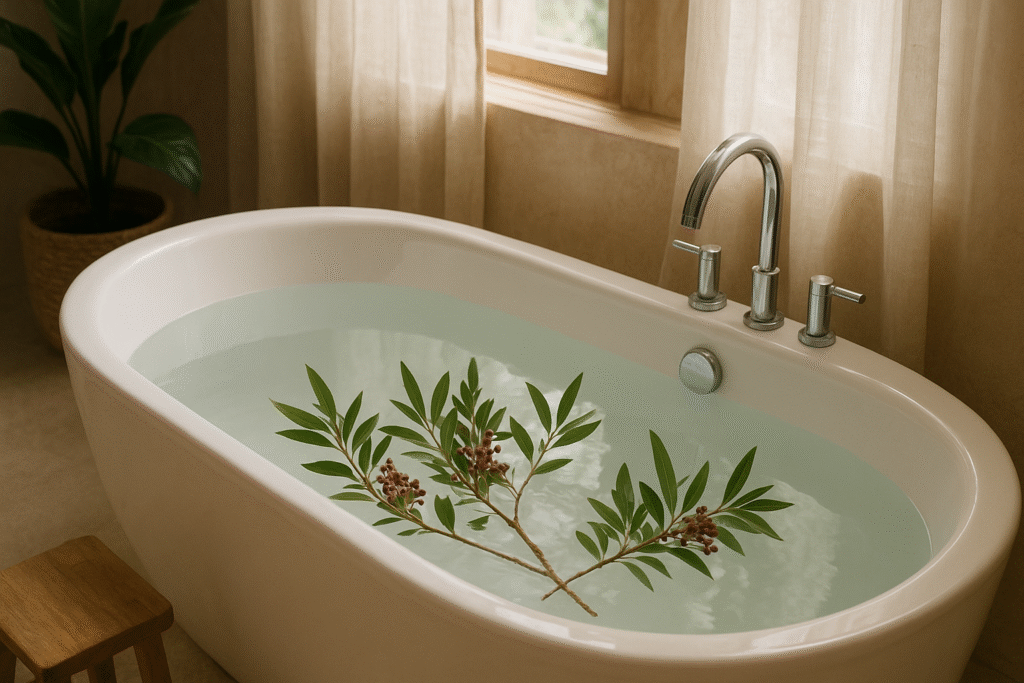 Em um ambiente bem aconchegante uma banheira cheia de água com ramos de aroeira para representar um banho relaxante.