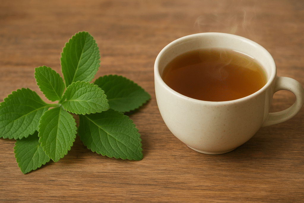 Sobre a mesa folhas verdes de boldo e uma xícara de porcela com chá dentro.