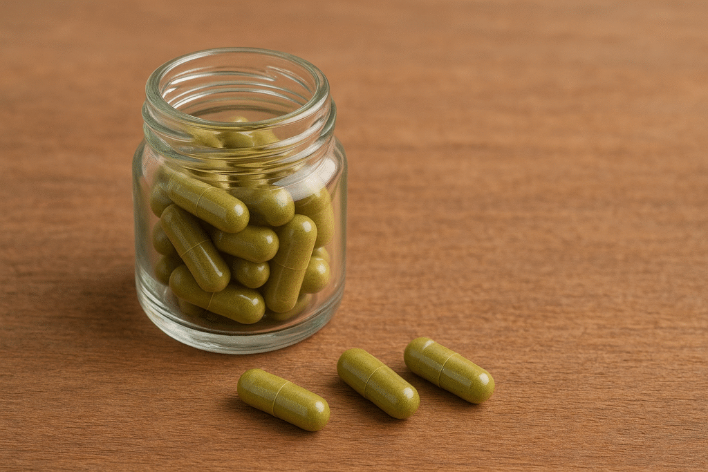 Um frasco de vidro com varias cápsulas em tom verde feitos da carqueja.